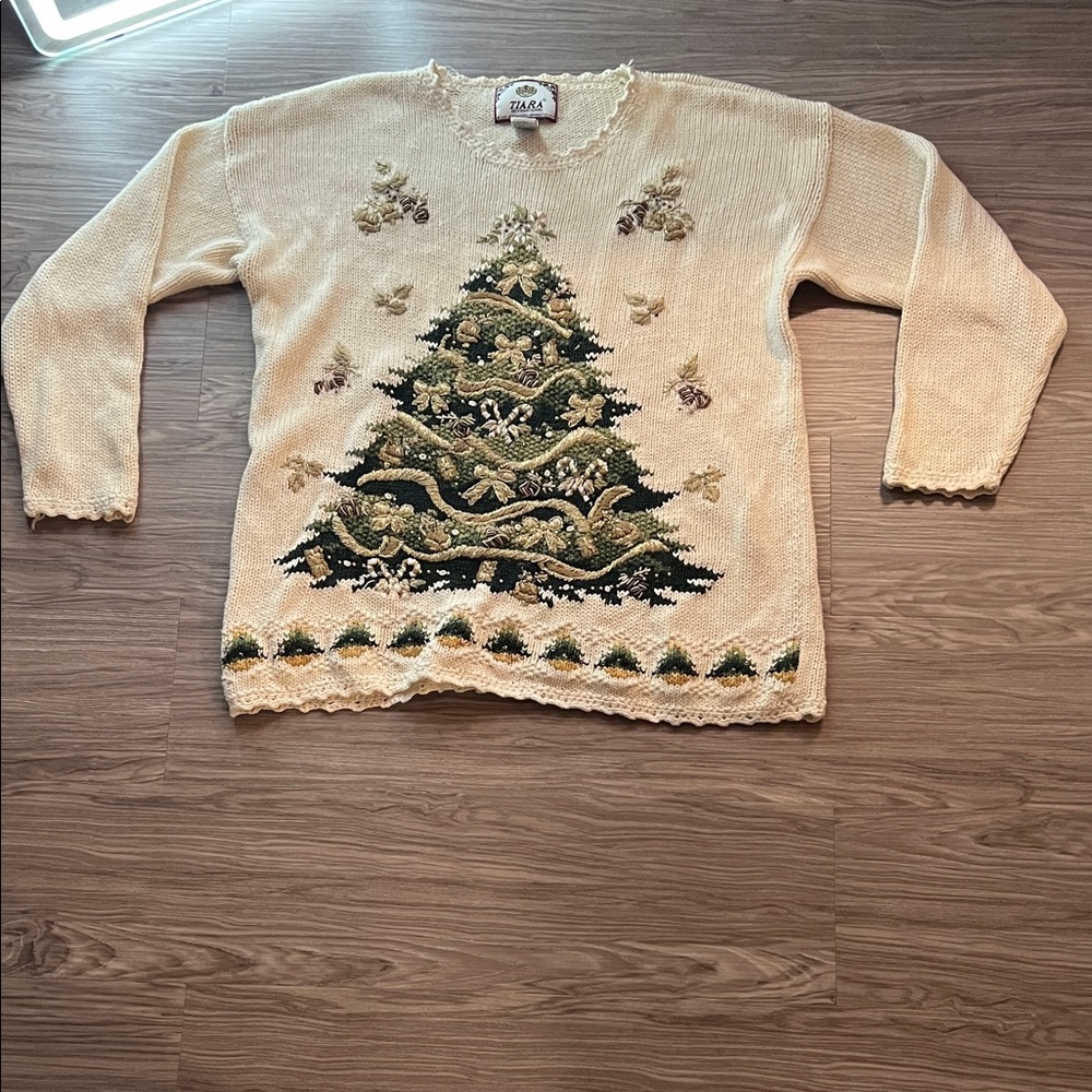 Holiday Cream Sweater with Christmas Tree Design